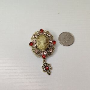 Vintage Cameo Brooch with Red and Gold Accents